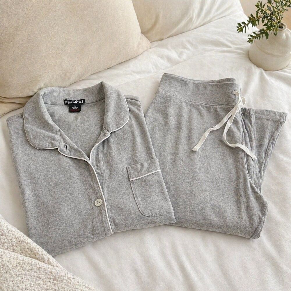 J Crew Mercantile Dreamy Cotton Pajama Pant Set Long Sleeve Sz L Gray Loungewear
